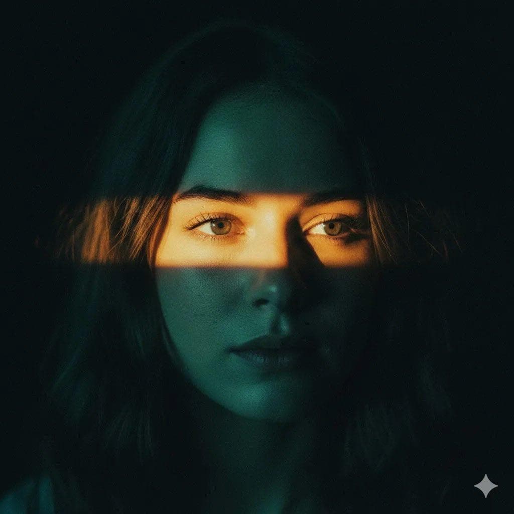Ultra-realistic cinematic portrait of a young woman with soft brown hair, centered composition, dark moody background, dramatic horizontal strip of warm golden sunlight cutting across her eyes, teal and orange color grading, half of the face in deep shadow, intense eye contact, sharp facial details, soft skin texture, high contrast lighting…
