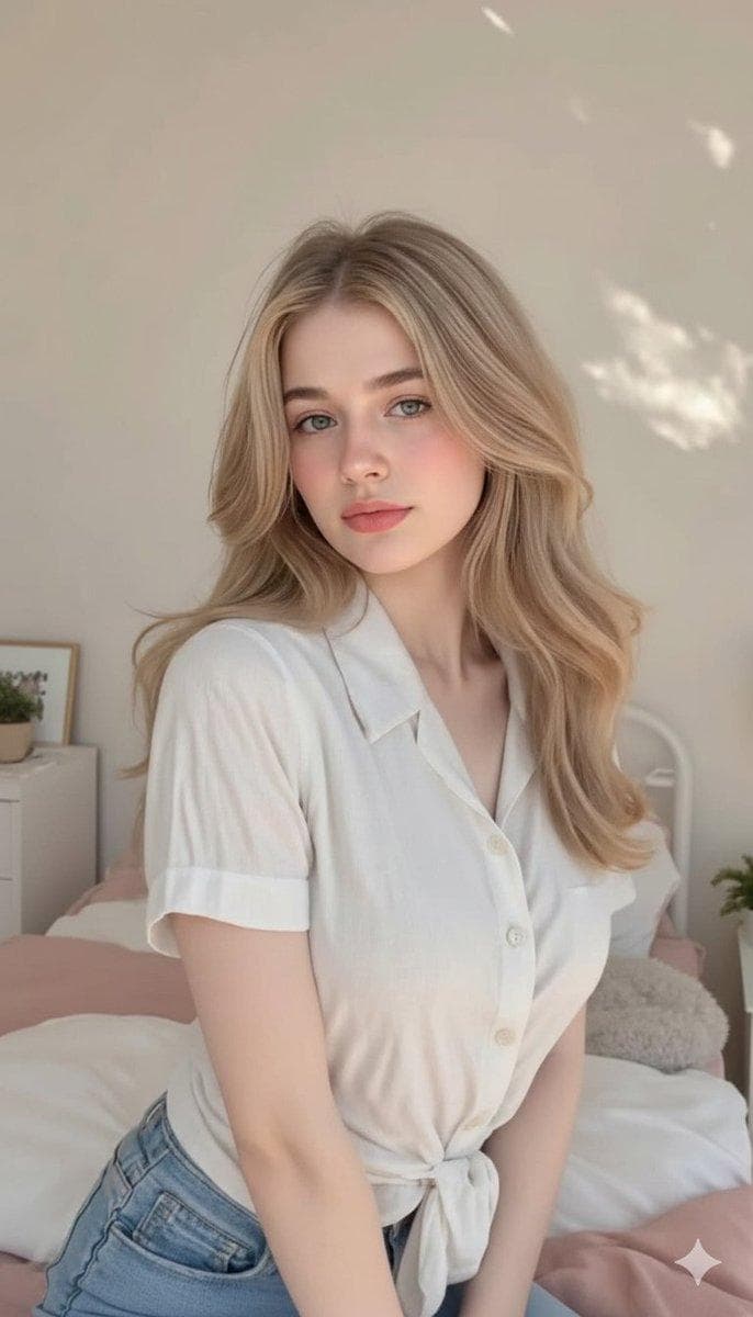 Cute, innocent young adult blonde woman sitting comfortably on a neatly made bed, relaxed natural posture with legs gently bent, shoulders soft and at ease. Long, soft, flowing blonde hair styled in loose natural waves, silky texture, subtle shine, a few delicate strands framing her face. Clear blue eyes with a gentle sparkle, long natural lashes, delicate eyebrows, smooth fair complexion with a soft healthy glow, subtle blush on cheeks, light pink lips, minimal natural makeup enhancing her youthful features. Calm, sweet, peaceful expression conveying warmth and innocence. Wearing a clean white short-sleeve cotton shirt, lightweight fabric, neatly tied at the waist with natural folds and creases, paired with light-wash high-waisted jeans, casual fit, realistic denim texture, visible stitching and seams, effortlessly stylish yet simple. Bright, cozy bedroom interior filled with soft natural light, white and cream color palette, minimal modern decor, neatly arranged pillows, soft linen bedsheets, light wooden bed frame and furniture, a large window nearby with sheer curtains gently diffusing the sunlight. Warm morning or late-afternoon sunlight streaming in, creating soft highlights on her hair and skin, gentle shadows for depth, peaceful and intimate atmosphere, calm lifestyle mood. Photorealistic…