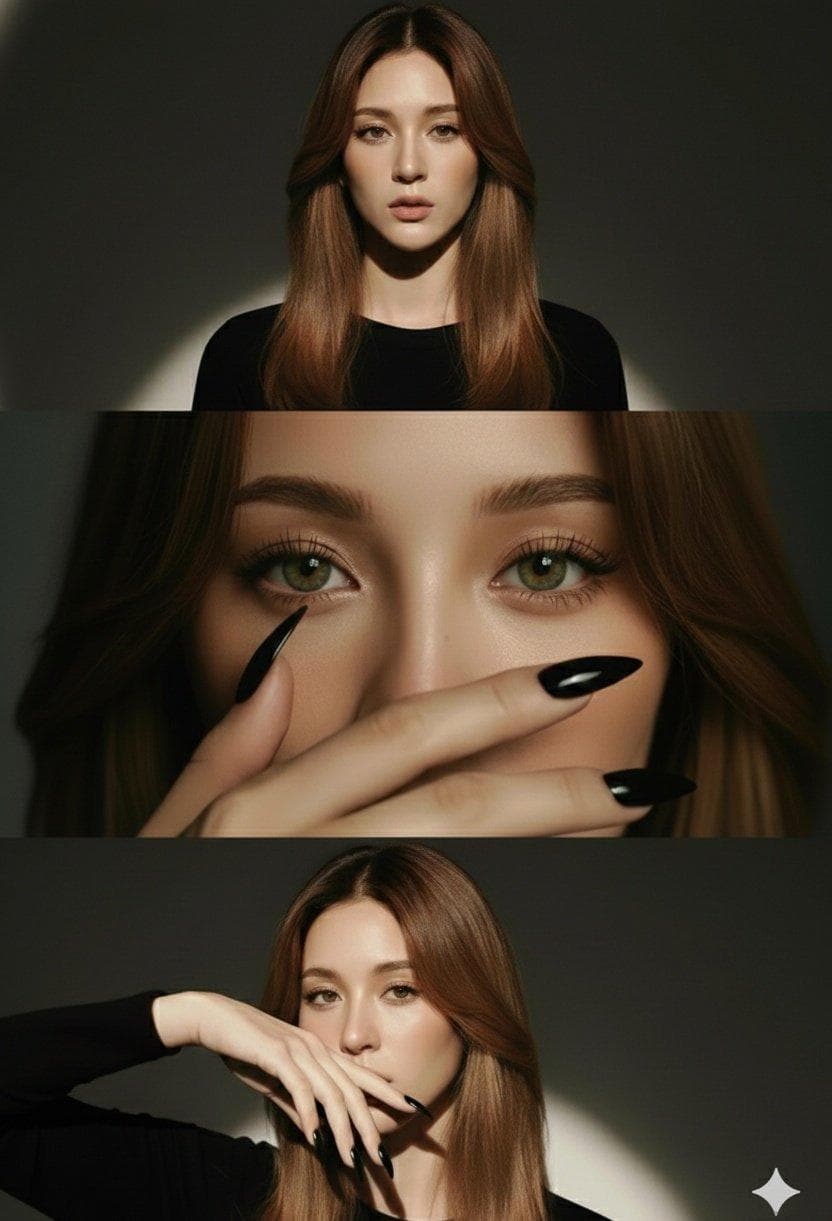 { "Objective": "Create a high-fashion editorial studio portrait presented as a vertical triptych with cinematic luxury aesthetics", "PersonaDetails": { "Subject": { "Type": "Young woman", "Hair": "Long, sleek chestnut-brown hair", "Makeup": { "Style": "Natural, flawless skin", "Emphasis": "Eyes subtly enhanced for intensity" }, "Wardrobe": "Minimalist black outfit", "OverallPresence": "Calm, confident, refined" } }, "TriptychComposition": { "Layout": "Vertical triptych (three stacked frames)", "TopFrame": { "Framing": "Centered head-and-shoulders portrait", "Pose": "Straight-on, symmetrical composition", "Expression": "Calm, confident", "Focus": "Balanced facial proportions and elegance" }, "MiddleFrame": { "Framing": "Extreme close-up of the eyes", "Focus": "Eyes in razor-sharp focus", "PoseDetail": "Hand partially covering the face", "Accessories": "Long, glossy black nails prominently visible", "Mood": "Intimate, intense, editorial" }, "BottomFrame": { "Framing": "Three-quarter portrait", "Pose": "Hand posed elegantly near the lips", "Expression": "Subtle, poised, fashion-forward", "Focus": "Gesture, styling, and body language" } }, "LightingAndAtmosphere": { "LightingStyle": "Dramatic directional studio lighting", "LightQuality": "Soft shadows with sculpted highlights", "Contrast": "Cinematic, high contrast", "Background": "Neutral dark studio backdrop" }, "ArtDirection": { "Style": "Luxury beauty campaign", "Aesthetic": "Vogue-style high-fashion editorial", "SkinRendering": "Flawless yet natural skin…