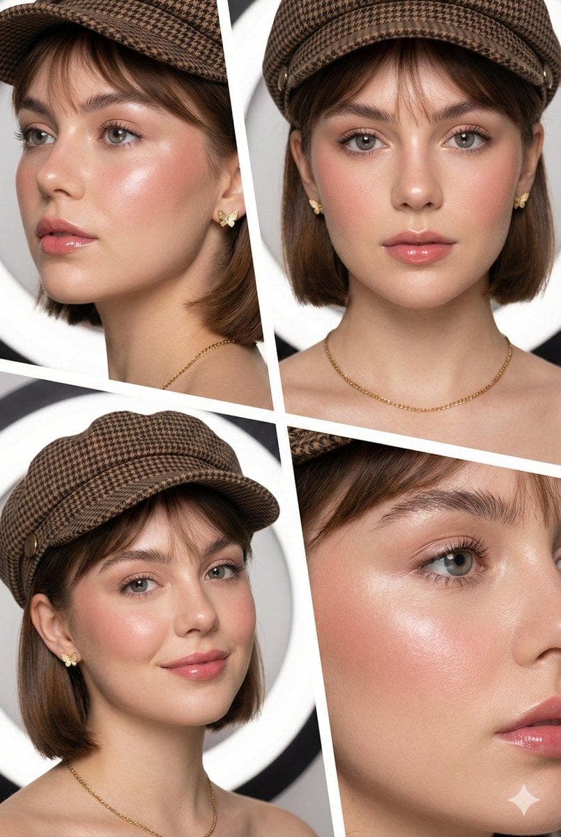 { "prompt_type": "beauty_editorial_collage", "layout": { "structure": "4-panel split-screen grid", "dividers": "Thick white diagonal borders", "style": "Modern magazine spread aesthetic" }, "subject": { "demographic": "Young woman", "aesthetic": "Clean girl / K-beauty influence", "features": { "skin": "Flawless, dewy, 'glass skin' texture, high luminosity", "hair": "Short brown bob cut with wispy bangs, smooth texture", "eyes": "Soft grey/hazel contacts" } }, "makeup": { "style": "No-makeup makeup look", "details": [ "Soft rosy blush high on cheeks", "Glossy pink lip tint", "Groomed natural fluffy brows", "Subtle mascara" ] }, "attire_and_accessories": { "headwear": "Brown houndstooth pattern newsboy cap (Baker boy hat)", "jewelry": "Small delicate gold butterfly stud earrings, thin gold chain necklace" }, "panel_composition": { "top_left": "Close-up 3/4 angle, focus on cheek highlight and earring", "top_right": "Direct front-facing portrait…