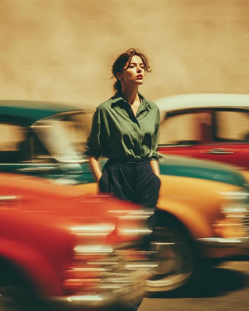{ "image_generation_prompt": { "subject": { "description": "Stylish woman", "expression": "calm and confident", "pose": "standing still, hands in pockets", "attire": { "top": "loose sage-green button-up shirt, tucked in", "bottom": "high-waisted dark trousers" } }, "scene_dynamics": { "action": "vintage cars rushing past at high speed", "effect": "dramatic motion blur trails, long-exposure photography effect, dynamic motion contrast" }, "environment": { "setting": "Street portrait", "atmosphere": "nostalgic, busy but focused" }, "lighting_and_color": { "lighting": "warm golden-hour lighting", "color_palette": "muted retro palette", "accents": "reds, teals, and yellows streaking…