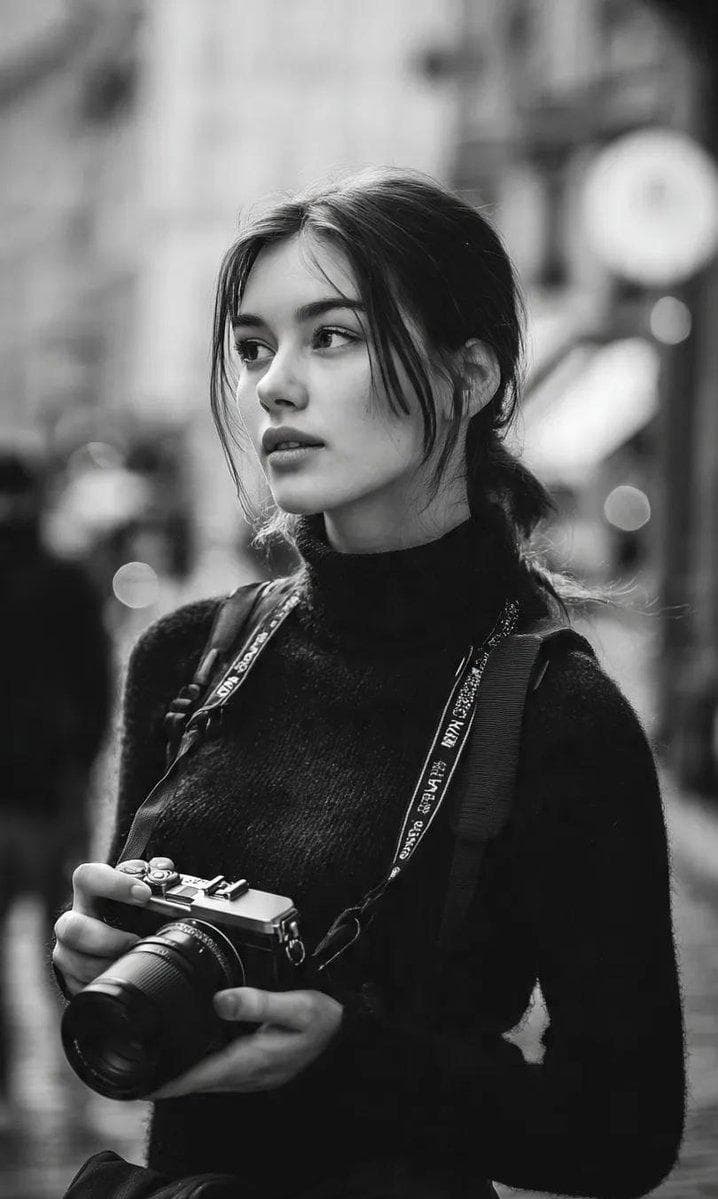 A cinematic black-and-white street portrait of a young woman photographer standing in a city street, holding a mirrorless camera with both hands. She has soft natural makeup, sharp expressive eyes, and loosely tied dark hair with wisps framing her face. She wears a black turtleneck sweater and a camera strap around her neck. The background is an urban street with blurred pedestrians and lights creating creamy bokeh. Shallow depth of field…
