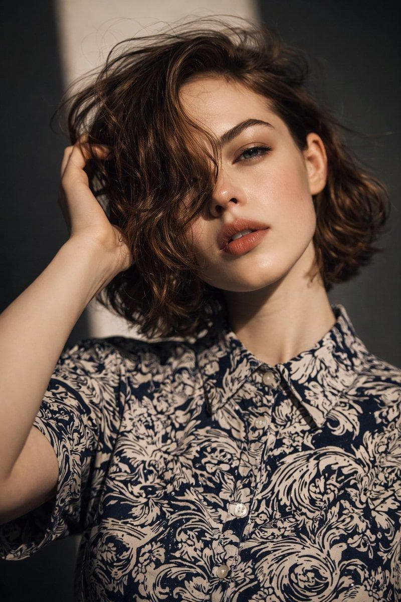 { "image_type": "portrait", "generation_quality": "8K ultra-high resolution", "realism_level": "photorealistic", "subject": { "human_presence": true, "gender_presentation": "feminine", "age_appearance": "young adult", "visible_pose": { "head_position": "slightly tilted", "hand_position": "one hand raised touching hair near the side of the head", "shoulder_visibility": "upper torso visible" }, "facial_expression": { "mouth": "slightly parted lips", "expression": "neutral to soft, relaxed", "gaze_direction": "looking directly toward the camera" } }, "face_details": { "face_shape": "oval", "skin_texture": "smooth with visible natural skin texture", "skin_finish": "soft matte with subtle highlights", "cheeks": "natural blush visible", "nose": { "shape": "straight", "size": "medium", "tip": "softly rounded" }, "lips": { "shape": "full", "color": "muted warm rose / nude", "texture": "matte finish" }, "jawline": "softly defined", "chin": "rounded" }, "eyes": { "shape": "almond-shaped", "eye_color": "appears green or hazel under lighting", "eyelids": "natural crease visible", "lashes": "natural, not exaggerated", "eyebrows": { "shape": "well-groomed, natural arch", "density": "medium-full", "color": "dark brown" } }, "hair": { "color": "medium to dark brown", "length": "short to medium", "texture": "wavy", "style": "loose, slightly tousled", "parting": "off-center", "movement": "some strands falling across the forehead and partially covering one eye", "shine": "natural sheen visible" }, "makeup": { "foundation": "natural, skin-like", "blush": "soft peach-pink", "lip_product": "matte lipstick", "eye_makeup": "minimal, natural enhancement", "overall_style": "clean, understated, realistic" }, "clothing": { "garment_type": "button-up shirt", "fit": "relaxed fit", "fabric_appearance": "lightweight fabric", "pattern": "abstract floral or ornamental pattern", "color_palette": { "primary": "dark navy or charcoal", "secondary": "off-white or light beige" }, "buttons": { "visibility"…