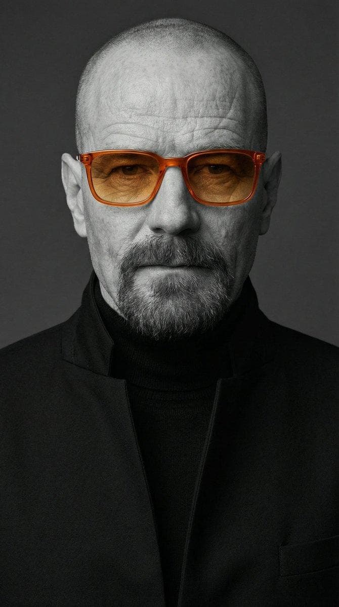A studio-style close-up editorial portrait of a person with strong, well-defined facial features and slightly imperfect, natural skin texture. The subject wears a black tailored turtleneck with sharp, clean lines, layered under a high-collared black jacket in a minimalist contemporary fashion style.The subject wears semi-transparent orange acetate sunglasses — rectangular frames with softly rounded edges, glossy finish, and amber gradient lenses — serving as the only colored element in the image.Color concept: selective color photography — monochrome black-and-white image with only the sunglasses in vivid orange. Mood is calm and confident, serious expression, direct gaze into the camera. Lighting is soft frontal studio light with gentle…