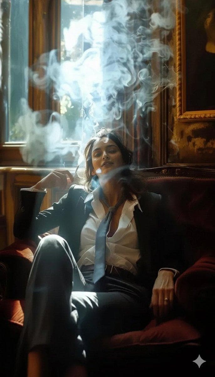 ​A high-definition cinematic portrait of a sophisticated woman sitting in a plush, velvet burgundy armchair within a sunlit, vintage study. She is wearing a sharp black tailored suit, a crisp white button-down shirt slightly unbuttoned, and a loosely tied charcoal grey necktie. She holds a cigarette, with thick, ethereal plumes of white smoke swirling dramatically around her face and rising toward the ceiling. The lighting is dramatic "chiaroscuro" style, with bright sunlight streaming through a large window behind her, creating a glowing rim light on her hair and the smoke. The background features ornate wooden wall panels and a classic framed painting. Photorealistic, 8k resolution, moody atmosphere. ​Tips for Best Results: ​Aspect…
