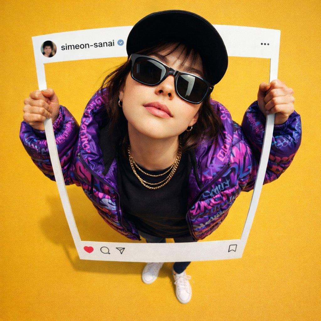 Create an Ultra-realistic photo composite of uploaded person breaking out of an Instagram post frame. Standing pose, both hands holding frame edges, upper body outside frame with real shadows. High top-down view, strong 10mm fisheye effect on person only (big head, smaller body), frame straight. Confident upward gaze, purple graffiti…