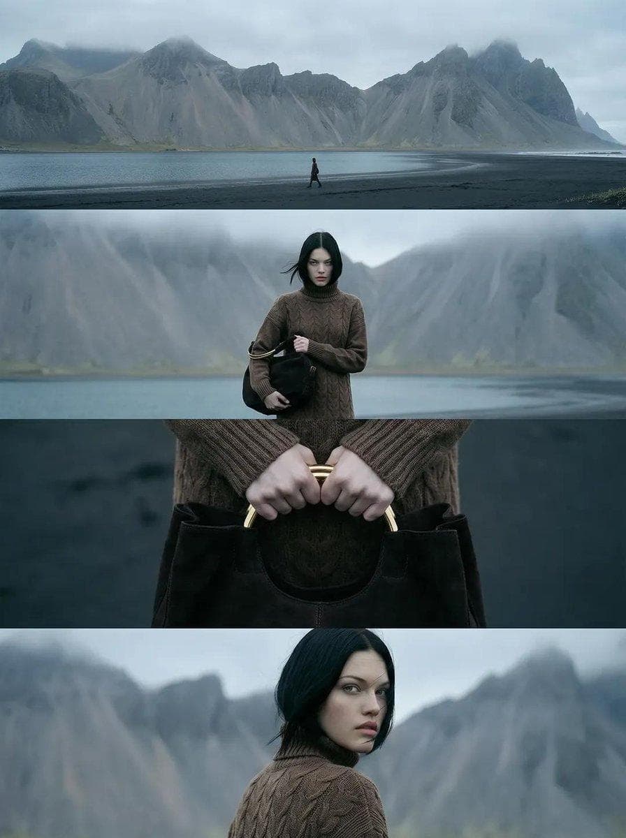 A vertical cinematic editorial image composed of four horizontal film frames stacked vertically within a portrait (4:5) format. Cold Nordic coastline with black sand beach, calm ocean water, and massive jagged gray mountains in the background covered with mist and low clouds. Overcast sky, soft diffused daylight, desaturated cool tones. Frame 1 (top): Wide landscape shot of a lone woman walking along the shoreline, very small in frame, mountains dominating the scene, strong negative space, flat horizon. Frame 2: Medium frontal shot of the same woman standing still, centered. Pale skin, straight black shoulder-length hair moving slightly in wind, neutral serious expression. Wearing a brown cable-knit turtleneck sweater dress. Holding a black leather handbag. Frame 3: Extreme close-up of both hands gripping a structured black leather handbag with a curved gold metal handle. Sleeves visible, background…