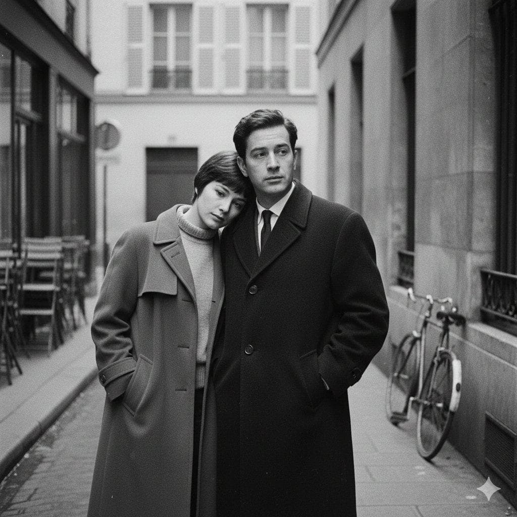 A French New Wave–style minimalist lovers scene, black and white, 1950s–1960s European cinema tone. A couple standing close but not touching, quiet intimacy expressed through proximity rather than action. The woman leans slightly toward the man; the man looks past her, thoughtful. Simple, understated clothing — trench coats, wool coats, knit sweaters, classic shirts. No glamour, no styling excess. Natural faces, minimal makeup, authentic expressions. Set on an empty Parisian street or narrow European alley, early morning or overcast daylight. Café chairs stacked, a bicycle against a wall, stone textures, shuttered windows. Static camera, eye-level framing, wide negative space, imperfect composition. Soft natural light, gentle shadows…