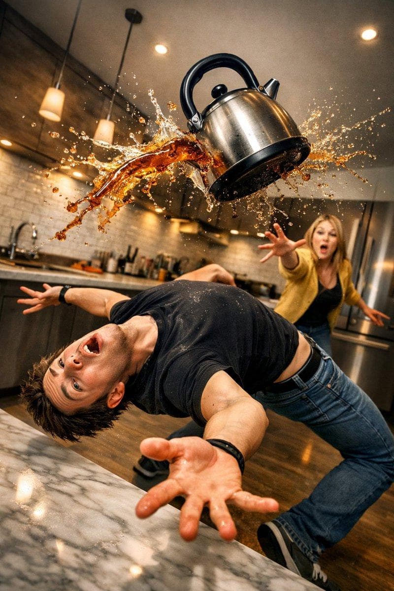 Surreal comedic scene inside a modern kitchen: a young man bends backward in an extreme dodge pose, acrobatic and exaggerated, with a kettle mid-air above him splashing hot tea in a dramatic frozen moment. A woman in the background extends her arm as if she accidentally threw the kettle, expression shocked and energetic.Dynamic action freeze-frame…