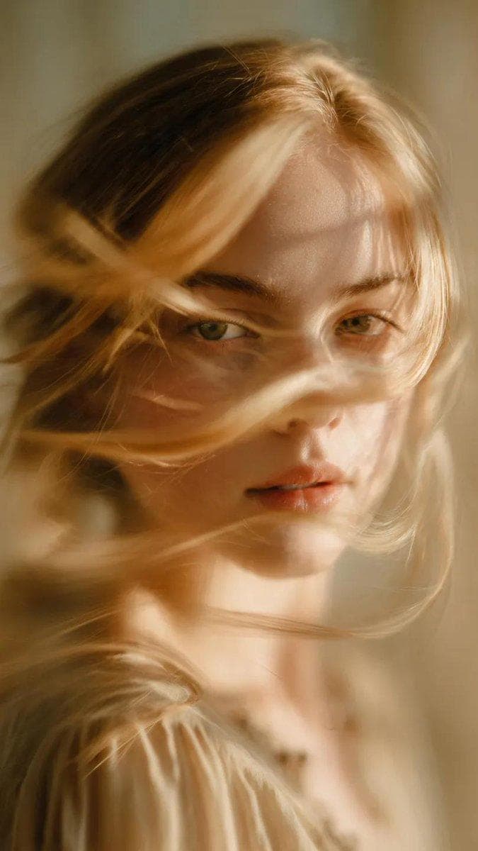 A soft-focus, cinematic portrait of a young woman with delicate facial features and light golden hair, caught in motion. Her face appears partially blurred and ghosted, with flowing strands of hair captured mid-sway, creating a dreamy, ethereal motion effect. Her expression is serene and slightly distant, with parted lips and eyes softly open. The entire frame is bathed in golden beige and sepia tones, evoking a nostalgic, painterly atmosphere. The lighting is natural and diffused, coming from a nearby window, casting a warm glow on her skin and illuminating the strands of hair that dance across the frame. Photographed with a Canon EOS R5 using an 85mm lens at f/1.2, ISO 320, shutter speed 1/8s with intentional slow exposure and handheld movement to create the artistic motion blur. The focus is soft, with a shallow depth of field that isolates the subject from the pale, creamy background. Post-processed in Adobe Lightroom and Photoshop: cinematic LUTs…