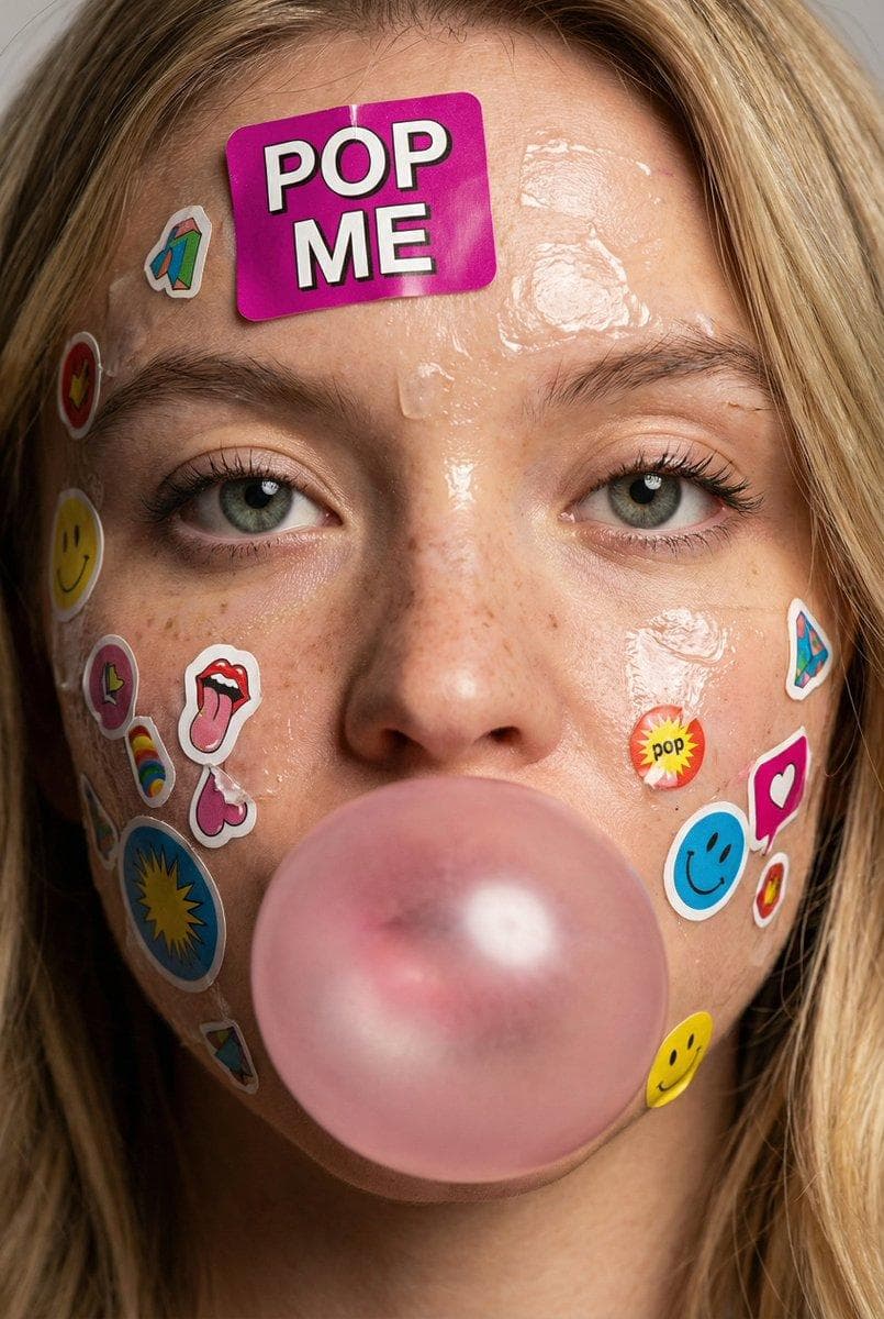 { "meta": { "image_quality": "High", "image_type": "Photo" }, "global_context": { "scene_description": "Close-up portrait of a young person's face covered with colorful paper stickers and glossy adhesive residue. Central focus on eyes, nose, lips; subject blowing a pink bubblegum bubble. Stickers vary in size, text, icons and layered overlap; hair strands frame face at edges. Skin shows freckles, pores, and sheen from adhesive or moisture.", "time_of_day": "Neutral/studio lighting", "weather_atmosphere": "Indoors/controlled", "lighting": { "source": "Artificial", "direction": "Frontal with slight top", "quality": "Soft", "color_temp": "Neutral" } }, "color_palette": { "dominant_hex_estimates": ["#E7B1B6", "#F6C0D0", "#C9A38C"], "accent_colors": ["Pink","Magenta"], "contrast_level": "Medium" }, "composition": { "camera_angle": "Eye-level", "framing": "Extreme close-up (face fills frame)", "depth_of_field": "Shallow (background indistinct)", "focal_point": "Eyes and central bubble" }, "objects": [ { "id": "obj_001", "label": "Face", "category": "Person (head)", "location": "Center", "prominence": "Foreground", "visual_attributes": { "color": "Light beige skin with pink undertones and freckles", "texture": "Smooth with visible pores, glossy adhesive patches", "material": "Skin", "state": "Sticker-covered, slightly wet/glossy", "dimensions_relative": "Large relative to frame" }, "micro_details": [ "Freckles concentrated on nose and cheeks", "Shiny adhesive residue streaks on forehead and cheeks", "Fine vellus hairs visible", "Pores visible on nose and cheeks" ], "pose_or_orientation": "Frontal", "text_content": null }, { "id": "obj_002", "label": "Eyes (pair)", "category": "Facial feature", "location": "Upper-center", "prominence": "Foreground", "visual_attributes": { "color": "Gray-green irises with dark limbal ring", "texture": "Wet/glossy cornea, visible eyelashes", "material": "Biological", "state": "Open, neutral expression", "dimensions_relative": "Medium" }, "micro_details": [ "Tiny specular highlights on each cornea", "Sparse lower lashes, fuller upper lashes", "Slight shadow under lower lids" ], "pose_or_orientation": "Facing camera", "text_content": null }, { "id": "obj_003", "label": "Pink bubble", "category": "Object (gum)", "location": "Lower-center", "prominence": "Foreground", "visual_attributes": { "color": "Pastel pink", "texture": "Smooth, slightly translucent", "material": "Gum", "state": "Inflated/intact", "dimensions_relative": "Large relative to mouth" }, "micro_details": [ "Two bright specular reflections on sphere", "Seamless edge against lips" ], "pose_or_orientation": "Centered over mouth", "text_content": null }, { "id": "obj_004", "label": "Stickers (assorted)", "category": "Adhesive stickers", "location": "Entire face and neck, concentrated forehead and cheeks", "prominence": "Foreground", "visual_attributes": { "color": "Multicolor: magenta, yellow, blue, white", "texture": "Paper/plastic with glossy varnish, torn edges", "material": "Paper/plastic adhesive"…