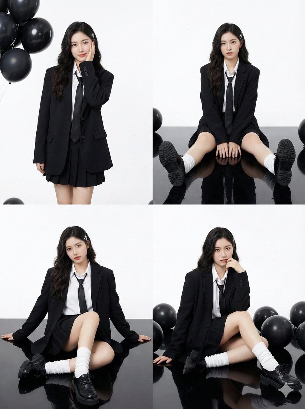 { "Young Asian woman, pale porcelain skin, long dark wavy hair with side bangs.", "accessories": "A silver rectangular hair clip on the left side of the head.", "apparel": { "outerwear": "Oversized black structured blazer (suit jacket).", "inner": "White collared button-up shirt, loose black necktie.", "bottoms": "Black pleated mini skirt (mostly obscured by the oversized blazer).", "legwear": "White loose slouch socks (leg warmers style) scrunching at the ankles.", "footwear": "Black chunky leather platform derby shoes." }, "makeup": "K-pop/Douyin style: fair skin, soft gradient red lips, subtle blush, defined eyeliner." "2x2 Photo Collage (4-Panel Grid).", }, "environment_and_props": { "studio_setting": "High-key photography studio.", "background": "Seamless bright white backdrop.", "flooring": "Glossy black reflective floor (creating clear reflections of the shoes and legs).", "props": "Cluster of black helium balloons (matte and glossy finish) visible in the top-left and scattered on the floor in other panels." }, "panel_pose_breakdown": { "panel_1_top_left": { "framing": "Thigh-up shot.", "pose": "Standing straight. Left hand rests gently against the left cheek (palm facing jaw). Right arm hangs naturally by side. Head tilted slightly.", "gaze": "Looking directly at camera with a soft smile.", "prop_placement": "Black balloons floating in the top left corner." }, "panel_2_top_right": { "framing": "Full body, seated.", "pose": "Sitting on the floor with knees bent upwards and feet flat on the ground. Hands resting loosely on the floor between legs or on shins.", "gaze": "Direct eye contact, neutral expression.", "details": "Symmetrical composition." }, "panel_3_bottom_left": { "framing": "Full body, seated angle.", "pose": "Sitting on the floor, leaning torso back, supporting weight with both arms extended behind her. Legs bent, one knee angled higher than the other.", "gaze"…