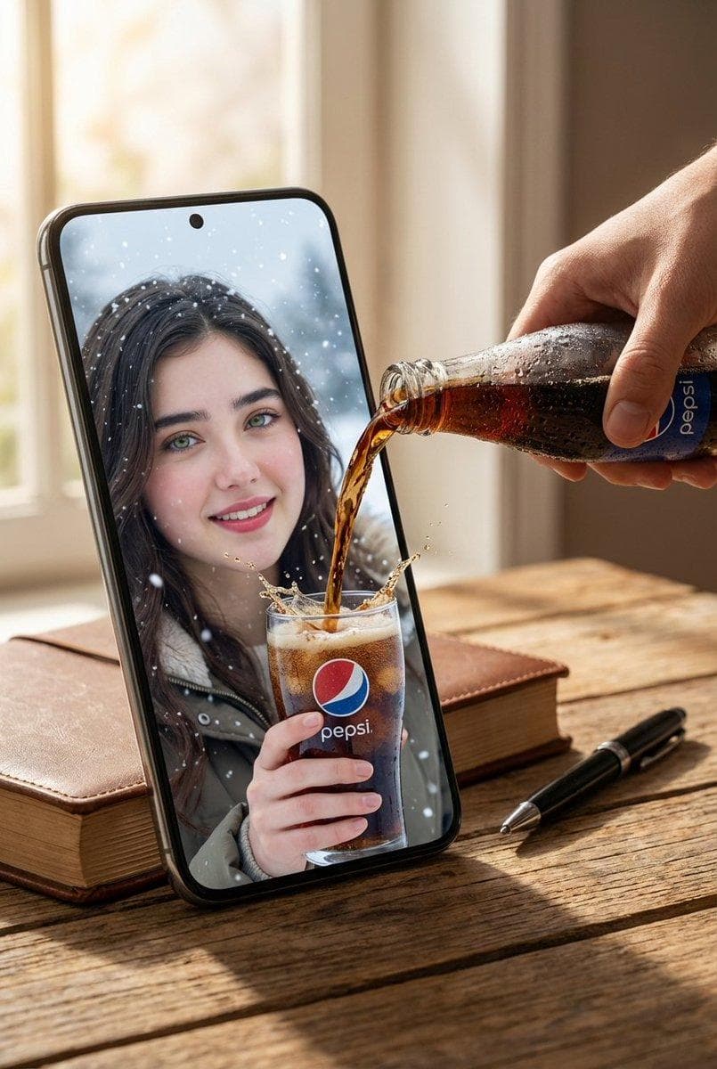 A hyper-realistic surreal composite scene set on a wooden tabletop. A large oversized smartphone dominates the frame, creating a strong dimensional-break illusion. On the phone screen, the woman from the reference image appears much larger in a close-up winter environment, smiling happily while holding a clear glass with a visible Pepsi logo on it. A real human hand pours dark Pepsi cola from a cold bottle covered in condensation droplets directly toward the phone screen. The liquid visually breaks through the display and flows into the glass she is holding inside the screen, creating a powerful surreal effect. A closed book and a black pen sit on the wooden table beside the…