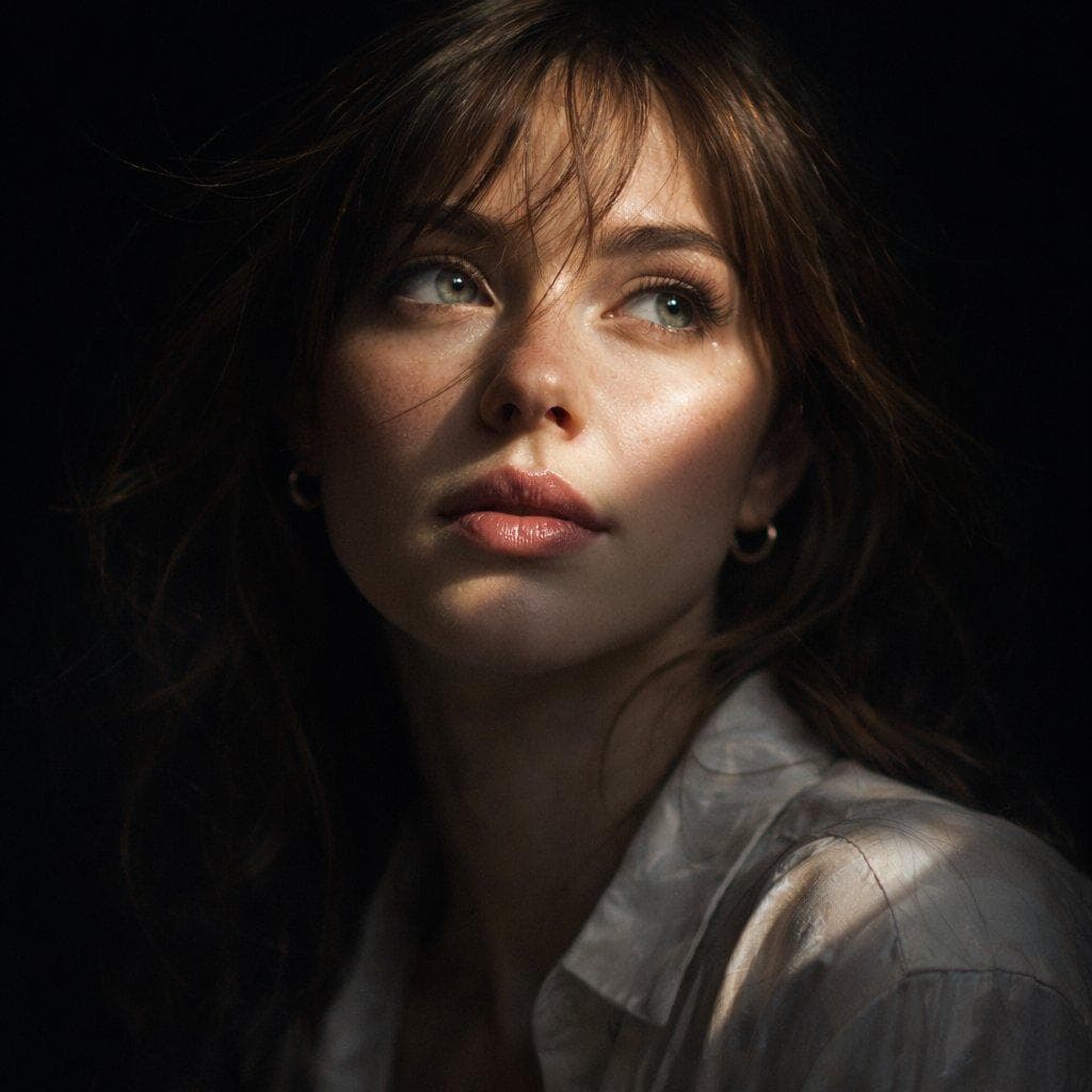 Hyper-realistic cinematic Create an 8k close-up portrait of a beautiful woman with medium, brown, slightly wind-swept hair falling across her face. Her striking, light-colored eyes gaze upwards and to the right, catching a sharp, diagonal beam of natural light that illuminates the high points of her cheekbone, nose, and plump, fair skin, glossy, mauve-toned lips a slightly light weight silk shirt. The rest of her face and the background are cast in deep,dramatic shadow (chiaroscuro) emphasizing the play of light and shadow Subtle textures…