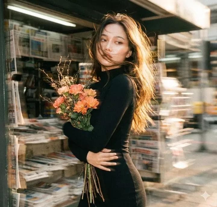 The generated image uses the uploaded image as a reference for the character, wearing a high-necked, tight-fitting black long-sleeved dress. A cluster of withered wood and orange-pink flowers lies beside an old newsstand, the grainy texture of vintage film interwoven, the blurred background with noticeable trailing shadows, and the double-image effect creating a fantastical atmosphere. A bewitchingly beautiful girl, carrying flowers, is shown in profile, her fair skin delicate and translucent. Her exquisite face is blurred with motion, the outline of her figure slightly swaying with the panning camera, the soft focus making the image even more hazy and languid. A warm-toned, low-saturation filter enhances the effect, her long, backlit hair glowing with a soft glow…