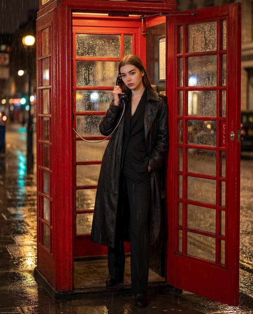 { "type": "image_generation_prompt", "style": "ultra-photorealistic, cinematic, high-end fashion editorial", "aspect_ratio": "1:1", "resolution": "high resolution, maximum realism", "scene": { "time": "night", "weather": "rainy", "location": "urban London street" }, "environment": { "primary_setting": "inside a classic red British telephone booth", "ground": "wet pavement reflecting city lights", "atmosphere": [ "visible raindrops under soft street lighting", "subtle fog in the background", "blurred headlights", "cinematic bokeh lights" ] }, "subject": { "gender": "female", "appearance": { "physique": "fit, elegant, confident presence", "expression": "serious, confident, charismatic", "pose": { "full_body_visible": true, "stance": "standing inside the telephone booth", "right_hand": "holding the old-fashioned phone receiver", "left_hand": "casually inside coat pocket" } }, "clothing": { "outfit": "tailored black suit", "outerwear": "long dark trench coat slightly wet from rain", "style": "elegant, cinematic, fashion editorial" } }, "lighting": { "type": "moody cinematic street lighting", "effects": [ "dramatic contrast", "realistic rain reflections on glass panels", "soft highlights on wet surfaces", "natural reflections from city lights" ] }, "camera": { "framing": "full-body shot from head to toe", "composition": "centered subject inside telephone…