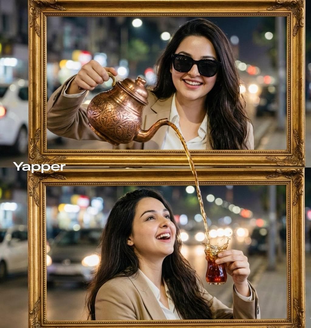 Ultra-realistic cinematic two-frame composition. In the top golden vintage frame, an elegant stylish woman wearing a beige blazer, white shirt, and black sunglasses smiles while pouring tea from an ornate engraved copper teapot outward from the frame. The tea flows smoothly out of the frame into the lower frame. In the bottom golden frame, the same woman tilts her head back slightly with a joyful expression, holding a traditional Turkish tea glass as the tea splashes dramatically into it mid-air. Nighttime city skyline with…