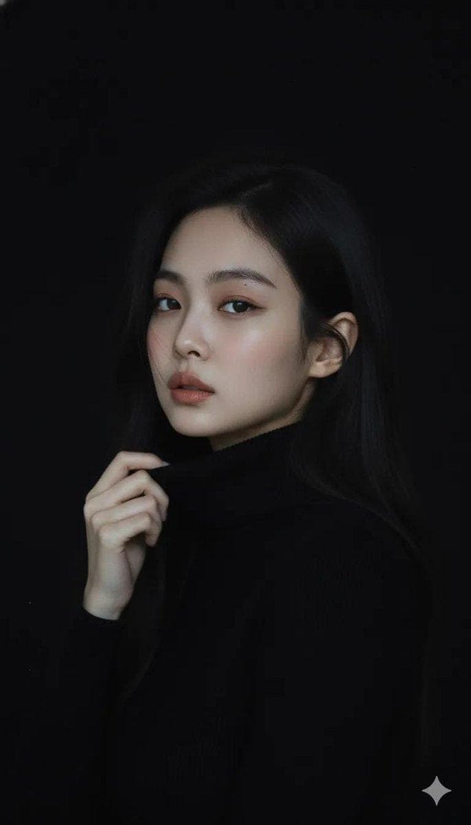 Moody cinematic portrait of a young woman with clear fair skin and barely-there makeup, warm natural lips. Loose dark brown hair, softly textured. Calm, self-assured expression. She's wearing a fitted black turtleneck sweater, clean lines, understated elegance. Dark minimal background fading into black…