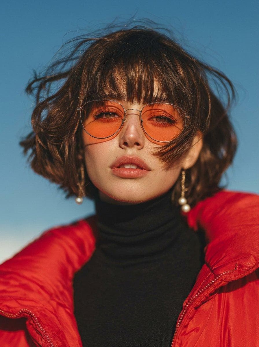 A cinematic fashion portrait of a young woman with a short wavy bob haircut and wispy bangs, wearing round orange-tinted sunglasses, pearl drop earrings, a black turtleneck and a bold red puffer jacket, soft glossy lips, natural makeup, wind gently moving her hair, photographed from a low angle, shallow depth of field, ultra realistic, 85mm lens, f1.8, warm golden hour sunlight, clean blue…