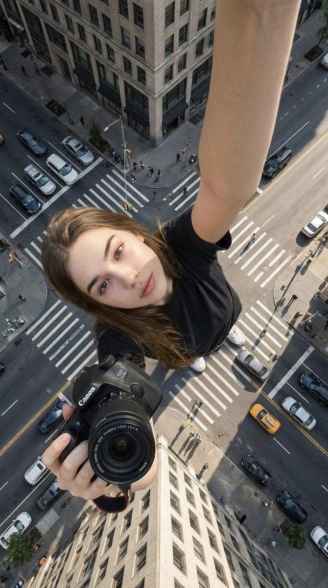 { "type": "image_generation_prompt", "language": "en", "style": "hyper-realistic cinematic selfie photography", "aspect_ratio": "9:16", "identity_preservation": { "use_reference_image": true, "strict_identity_lock": true, "alter_face": false, "alter_skin": false, "alter_hair": false, "alter_gender": false, "notes": "Preserve identical facial features, skin texture, hair, glasses, age, and gender from the uploaded reference image. No synthetic skin or sculptural look." }, "subject": { "gender": "female", "capture_method": "selfie taken by the subject herself", "pose": { "selfie_arm": { "description": "one arm fully straight and completely extended upward holding the camera that takes the selfie", "visibility": "arm clearly visible, straight and dominant in frame", "camera_visibility": "the selfie camera device itself must NOT be visible in the frame" }, "product_arm": { "description": "the other arm fully extended toward the camera holding the attached Canon camera", "importance": "product is closest to the camera and visually dominant" }, "head": { "tilt": "slightly tilted toward the selfie camera" }, "expression": "natural and relaxed facial expression" }, "body_visibility": "full body visible from head to toe", "feet": "feet clearly touching the road surface" }, "composition": { "perspective": "natural selfie perspective at chest height", "camera_angle": "extreme top-down angle, camera above the subject looking directly downward", "layer_depth": [ "product (closest to camera)", "face", "full body", "city environment (background)" ] }, "scale_and_perspective": { "effect": "forced perspective", "subject_scale": "the woman appears extremely giant", "buildings_scale": "buildings appear much smaller, reaching no higher than her knees", "dominance": "the subject visually dominates the entire scene", "realism": "inspiring scale while remaining physically believable" }, "environment": { "location": "real urban intersection", "elements": [ "pedestrian crosswalk", "road markings", "traffic signs", "cars", "bicycles", "pedestrians at realistic human scale" ], "setting": "ground-level urban environment" }, "lighting": { "type": "natural daylight", "conditions": "clear or…