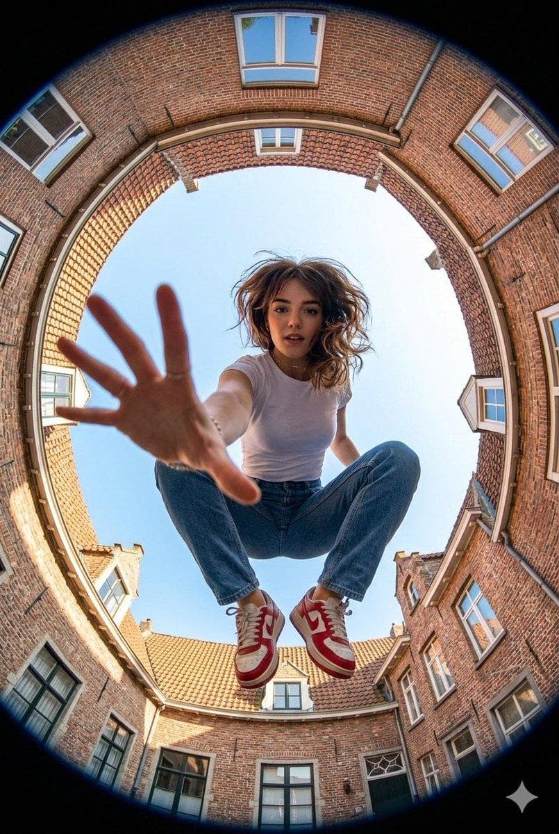 Make an Ultra-wide fisheye lens perspective shot from ground level looking straight up at a young woman use image for face reference crouching mid-air between brick buildings forming a circular frame around the sky. She reaches one hand dramatically toward the camera, fingers spread wide, creating strong foreground distortion and depth. Dynamic action pose, confident expression, casual streetwear outfit: fitted white t-shirt, blue straight-leg jeans, red and white sneakers. Urban European neighborhood setting with brick houses…