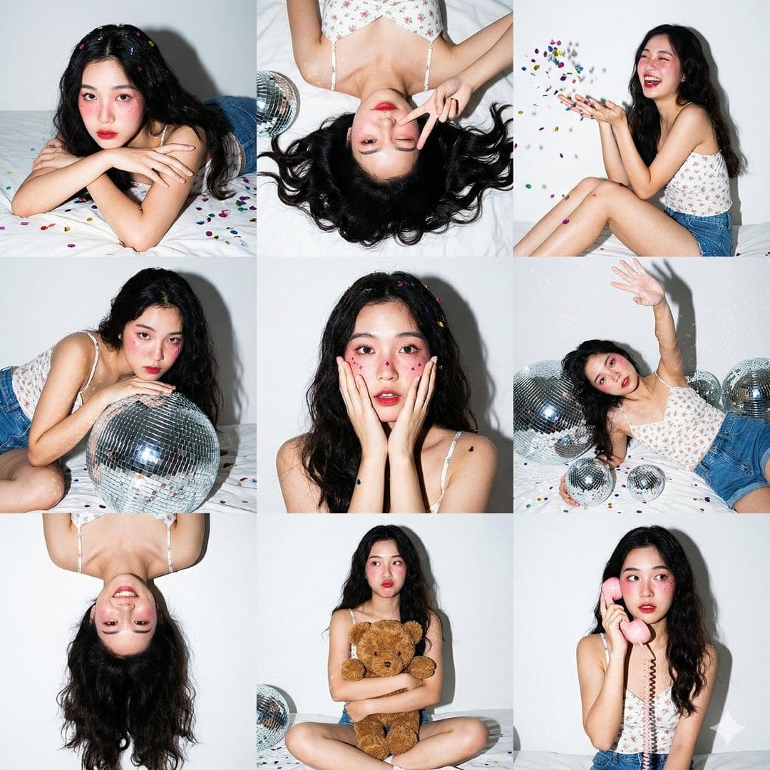 3x3 Photo Collage / 9-Panel Grid.", "layout": "Nine vertical portrait images arranged in a square grid.", "consistency": "Same subject, same outfit, and same lighting across all 9 panels." }, "aesthetic_style": { "theme": "Gen Z Home Party / 'Maiden Pavilion' Photoshoot.", "lighting_technique": "Direct On-Camera Flash (Hard Light).", "visuals": "High contrast, sharp shadows, chaotic fun, vibrant colors against a white background." }, "subject_details": { "appearance": "Young Asian woman, fair skin, long dark wavy hair with volume.", "outfit": "White floral camisole top, blue denim shorts.", "makeup": "Heavy pink blush (Igari style), red lips, glitter on cheeks." }, "environment_and_props": { "background": "White wall with taped photos, white bed sheets.", "decor": "Silver disco balls (various sizes), colorful metallic confetti scattered everywhere, brown teddy bear, pink retro corded phone." }, "panel_pose_breakdown": { "1_top_left": "Lying on stomach (prone), resting chin on crossed arms, looking at camera. Confetti in hair.", "2_top_center": "Top-down view lying on back, winking one eye, making a peace sign near face. Hair fanned out.", "3_top_right": "Sitting sideways, knees bent, laughing candidly while throwing a handful of confetti in the air.", "4_middle_left": "Leaning upper body over a large silver disco ball, looking intensely at the camera.", "5_middle_center": "Close-up portrait. Hands touching cheeks in a 'surprised' or 'shy' gesture. Confetti stuck to cheeks.", "6_middle_right": "Lying on back amongst the disco balls, one arm reaching up towards the ceiling/camera.", "7_bottom_left": "Upside-down perspective (head at bottom of frame), playful expression, hair cascading down."…