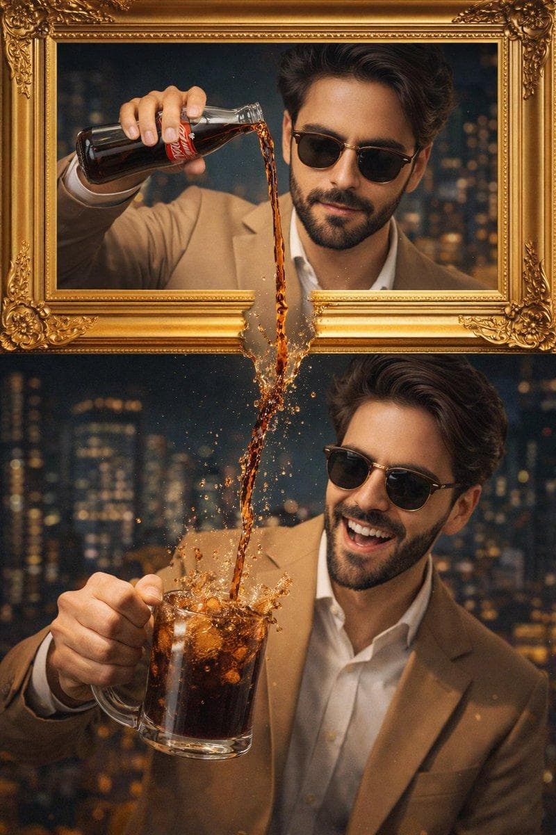 A stylish man wearing a tan suit and sunglasses is featured in a creative split image, framed by two ornate gold frames. In the top frame, he is pouring Coca-Cola from a bottle. The cola streams downward, passing through the gap between the frames. In the bottom frame, the same man, also in a tan suit and sunglasses, is shown with a joyful expression as the stream of cola splashes…