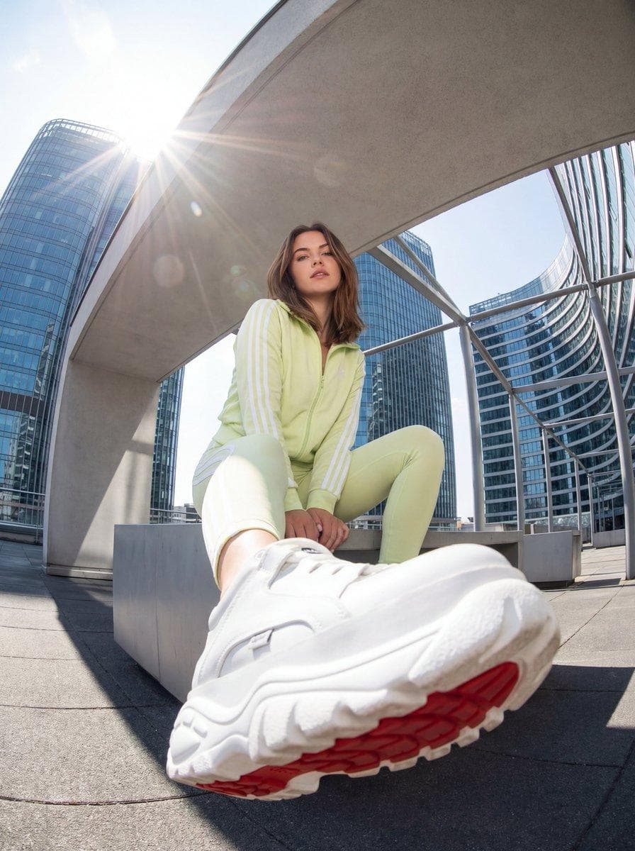 "scene_description": { "location": "Urban rooftop or high vantage point with a backdrop of towering glass skyscrapers and sleek modern architecture", "vibe": "Energetic, youthful, urban streetwear, dynamic and slightly distorted perspective", "lighting": "Bright daylight, harsh sunlight creating a sunburst/lens flare in the upper left, high contrast shadows on the sleek surfaces, vibrant colors", "camera_settings": "Ultra-wide angle or Fisheye lens (approx 8mm-12mm), extreme low angle (worm's-eye view), forced perspective, deep depth of field, sharp focus from shoe sole to skyline, close up full body shot of the woman" }, "primary_subjects": [ { "character": "Young woman with shoulder-length brown hair", "role": "Streetwear model / Urban explorer", "action": "Sitting casually on the corner of a modern minimalist ledge or platform, looking down at the camera with a confident, relaxed expression. One leg is extended forward towards the lens creating extreme foreshortening, maintaining the same pose as before", "details": "Bright red track jacket with white stripes on sleeves, Bright Red fitted leggings, massive white…
