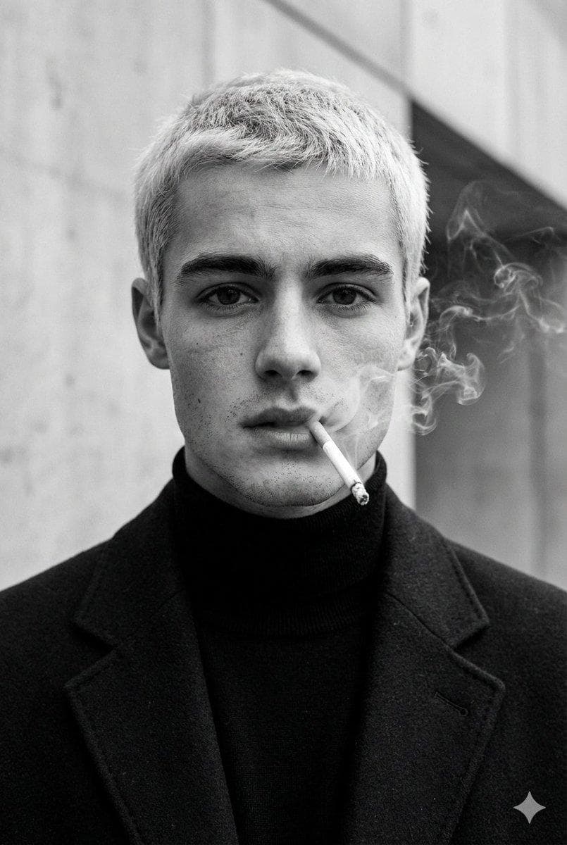 Ultra-realistic fashion black and white portrait of a man with short light hair, wearing a dark tailored coat and a black turtleneck. They hold a cigarette between their lips as soft smoke curls around their face. Extremely detailed natural skin texture visible pores, fine lines, realistic contrast and tonal range. lifelike matte highlights. Subtle film grain, soft diffused lighting, minimalist background. High-fashion editorial mood, sharp…