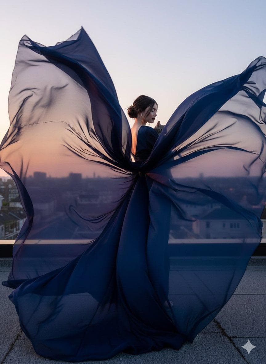 { "render_goal": "High-fashion cinematic motion shot", "focus": "fabric movement", "wardrobe": { "outfit": "long flowing garment", "motion": "fabric spreading dramatically in wind" }, "environment": { "location": "open elevated space (rooftop, bridge…