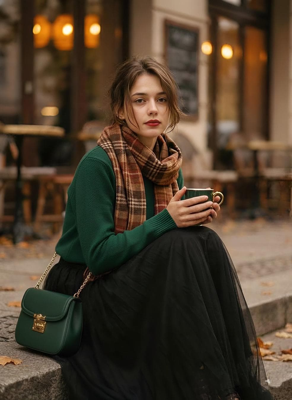Aesthetic 1970s-inspired fashion portrait of a stylish young woman sitting on outdoor cafe steps, holding a premium ornate green coffee cup with gold rim detailing, gazing softly at the camera. Her hair is styled in soft loose strands framing her face with vintage makeup, matte red lips, and subtle eyeliner. She is wearing a cozy forest green premium knit sweater paired with a long flowing black tutu skirt. A warm vintage plaid scarf in earthy brown, burnt orange, and muted red tones is wrapped loosely around her neck. A premium dark green leather crossbody bag with a gold filigree clasp and chain strap is placed beside her. Autumn street café setting with scattered fallen leaves and warm amber…