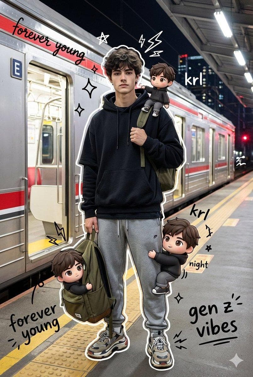 A high quality mixed media portrait of a trendy young man (using my uploaded person photo) standing on a train station platform at night. The subject is posing coolly, holding the strap of an olive backpack with one hand. He is wearing a stylish streetwear outfit with an oversized layered black hoodie, gray sweatpants, and chunky sneakers. The background features a realistic KRL Jabodetabek Commuter Line train side view with its signature red striping, with the train doors wide open, bathed in bright cinematic station lighting and city night ambiance. Surrounding the realistic main subject are several cute 3D style chibi versions of himself, same outfit and same face. These chibis are interacting playfully, one sitting on his shoulder, one climbing his leg, and another peeking out from the backpack. Overlay the image with vibrant hand drawn…