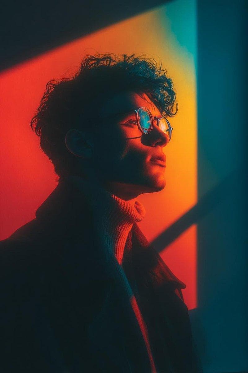 Cinematic portrait of a stylish young person wearing round glasses, standing beside a wall illuminated by bold geometric window light. Strong red, orange, and teal color contrast casting dramatic shadows across the face. Side profile pose, soft contemplative expression, sharp focus on facial features. High contrast lighting with hard-edged rectangular light shapes in the background. Moody atmosphere…