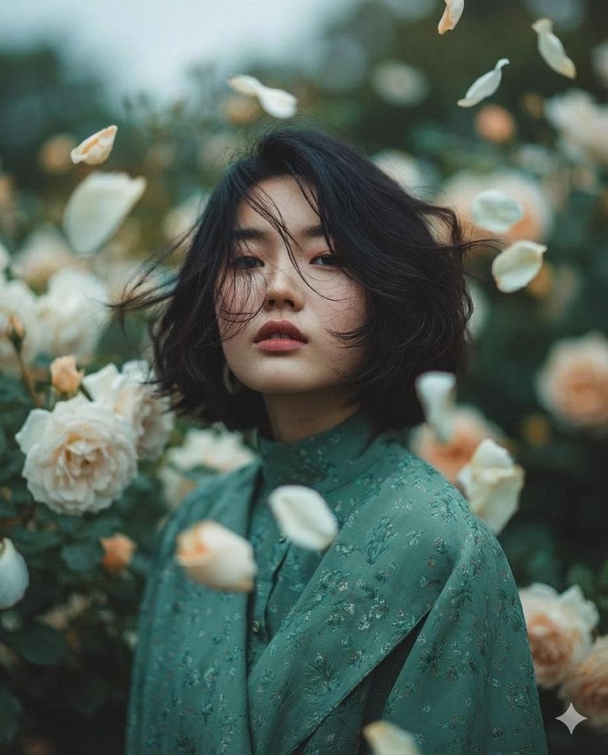 { "Objective": "Create a dreamy fine-art portrait with a romantic, ethereal garden atmosphere", "PersonaDetails": { "Subject": { "Type": "Young woman", "Hair": "Short, softly tousled dark hair", "Expression": "Calm, introspective, slightly melancholic", "Gaze": "Looking gently toward the camera", "Wardrobe": { "Dress": "Muted teal floral dress with subtle vintage patterns" } } }, "SceneDescription": { "Location": "Lush garden in full bloom", "EnvironmentDetails": [ "Abundant flowering plants", "Soft greenery filling the frame" ], "AtmosphericElements": { "FloatingPetals": "White and pale peach flower petals drifting through the air", "Motion": "Petals caught mid-motion by a gentle breeze" } }, "Composition": { "Framing": "Waist-up fine-art portrait", "Balance": "Elegant, centered composition", "DepthOfField": "Shallow depth of field", "Background": "Softly blurred garden with creamy bokeh" }, "LightingAndColor": { "Lighting": "Soft natural light under overcast sky", "ColorPalette": [ "Muted greens", "Soft teals", "Pale peach and white accents" ], "ColorGrading": "Painterly, desaturated, romantic tones" }, "ArtDirection": { "Style": "Fine-art photography blended with cinematic realism", "Aesthetic": "Romantic, ethereal, timeless", "TextureQuality": "Ultra-detailed fabric and natural skin…