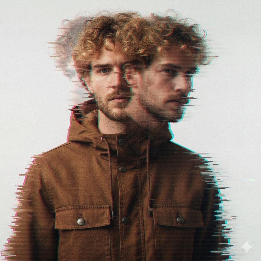A double exposure, long exposure editorial photograph of a man Use image for face reference in a brown hooded utility jacket with sharp facial features and curly blonde hair. Apply a digital glitch distortion effect with chromatic aberration (cyan and magenta color fringing), horizontal scan lines, and pixel sorting across the…