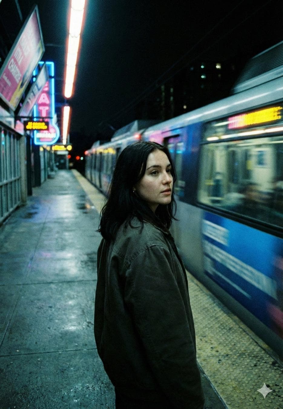 { "model": "Nano Banana Pro", "scene": "Underground metro platform at night with a train rushing past", "subject": { "type": "Young woman", "pose": "Standing near the platform edge, body facing forward, head turned slightly toward the camera", "expression": "Thoughtful, distant, quietly alert", "gaze": "Looking sideways toward the camera, unfixed, introspective", "emotion": "Isolation, reflection, restrained tension" }, "appearance": { "hair": { "color": "Dark brown to black", "style": "Loose, straight, natural fall" }, "skin": "Natural complexion with soft shadows", "makeup": "Minimal, realistic, understated" }, "attire": { "outerwear": "Oversized dark jacket", "style_note": "Functional, muted, urban anonymity" }, "environment": { "location": "City subway platform", "background_elements": [ "Blurred metro train in motion", "Neon signage", "Platform lights", "Wet reflective floor surface", "Metal railings and tiled platform edge" ], "atmosphere": "Cold, nocturnal, transient" }, "lighting": { "primary": "Artificial fluorescent platform lighting", "secondary": "Neon signage glow", "effect": "Cool-toned highlights with soft facial shadows" }, "camera": { "angle": "Eye-level, slightly behind the subject", "lens": "35mm cinematic street lens", "shutter_effect": "Motion blur on passing train", "depth_of_field": "Moderate, subject sharp with moving background blur", "framing": "Vertical, cinematic street composition" }, "color_palette": { "dominant": ["teal", "cool blue", "deep black"], "accents": ["neon pink"…