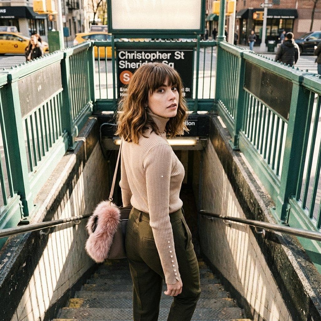 { "image_generation": { "subject": { "description": "young woman standing at the entrance of a subway staircase in a city", "pose": "standing on subway steps, body facing downward, head turned back over shoulder", "expression": "calm, slightly curious, thoughtful", "gaze": "looking directly at the camera" }, "appearance": { "hair": { "color": "light brown", "style": "shoulder-length wavy hair with bangs" }, "face": { "skin_tone": "fair", "makeup": "natural makeup with subtle definition" }, "accessories": [ "small shoulder bag", "pink faux-fur bag accessory" ] }, "outfit": { "top": "beige fitted ribbed turtleneck sweater with button details on sleeves", "bottom": "high-waisted olive green tailored pants", "footwear": "not visible" }, "environment": { "setting": "urban subway entrance", "background_elements": [ "green metal railings", "subway sign reading Christopher St Sheridan Sq", "city street with pedestrians and taxis" ], "location_vibe": "busy city atmosphere" }, "lighting": { "type": "natural daylight", "direction": "soft ambient street lighting", "quality": "balanced with gentle highlights and shadows" }…