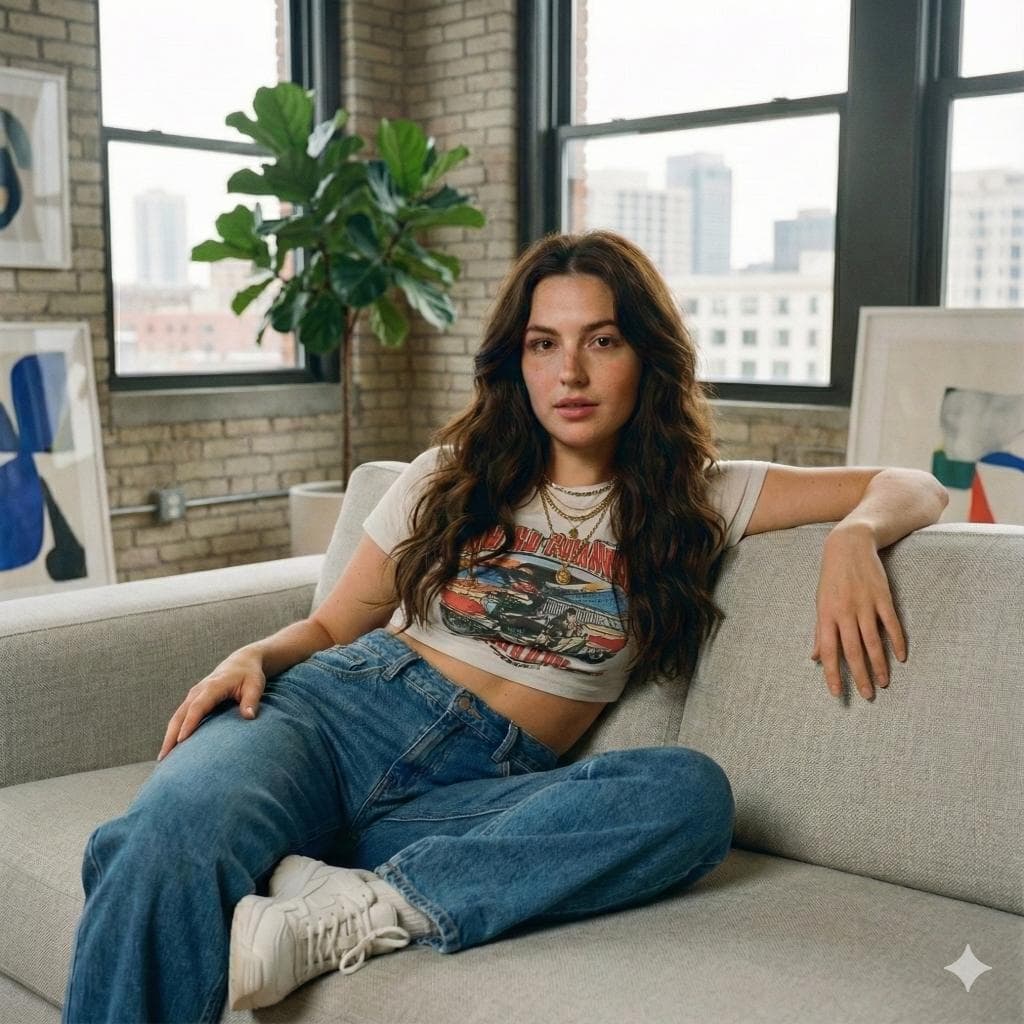 { "model": "Nano Banana Pro", "scene": "Modern loft living room with large industrial windows", "subject": { "type": "Young woman", "pose": "Reclining casually on a fabric sofa, one arm resting along the backrest, legs relaxed", "expression": "Calm, self-assured, quietly confident", "gaze": "Direct eye contact with the camera", "emotion": "Ease, confidence, natural presence" }, "appearance": { "hair": { "color": "Dark brown", "style": "Loose, long waves with natural volume" }, "skin": "Natural complexion with subtle freckles and realistic texture", "makeup": "Minimal, clean, natural tones" }, "attire": { "top": "Vintage-style cropped graphic t-shirt", "bottoms": "High-waisted relaxed-fit blue jeans", "footwear": "White casual sneakers", "accessories": [ "Layered gold necklaces" ], "style_note": "Effortless modern street-lifestyle fashion" }, "environment": { "location": "Urban loft apartment", "background": [ "Exposed brick walls", "Large black-framed windows", "City skyline softly visible outside", "Indoor potted plant", "Abstract framed artwork leaning against walls" ], "atmosphere": "Airy, contemporary, lived-in" }, "lighting": { "primary": "Soft natural daylight from large windows", "effect": "Balanced illumination with gentle facial shadows", "contrast": "Low to moderate, natural realism" }, "camera": { "angle": "Eye-level lifestyle portrait", "lens": "35mm lifestyle lens", "depth_of_field": "Moderate, subject in focus with softly blurred background", "framing": "Horizontal composition, relaxed editorial framing" }, "color_palette": { "dominant": ["neutral beige", "denim blue"]…