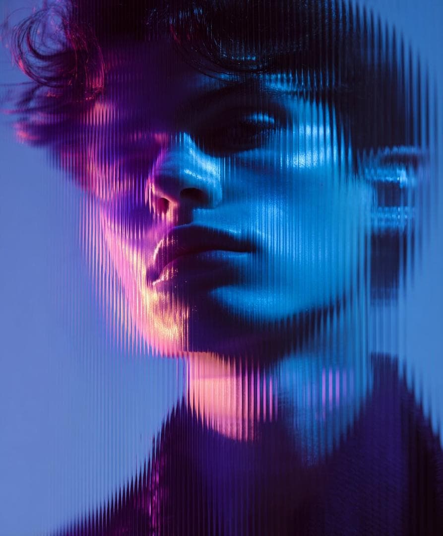 portrait of a [SUBJECT DESCRIPTION], photographed entirely through vertically reeded architectural glass with medium grooves running top to bottom across the entire frame, full-frame optical distortion dominating the image, realistic physical light refraction creating vertical repetitions across the subject, no…
