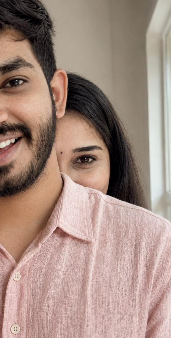 Use the uploaded male and female images as identity references only. Preserve both faces, hairstyles, skin tone, and facial features accurately. Create an ultra-realistic close-up indoor portrait where the male stands in the foreground on the left, wearing a light pink textured linen shirt. Only part of his face is visible in a cinematic crop. The female stands closely behind him, playfully peeking over his shoulder with only one expressive eye and part of her forehead visible. Bright minimal room, large window, soft natural daylight, creamy skin tones, shallow depth…
