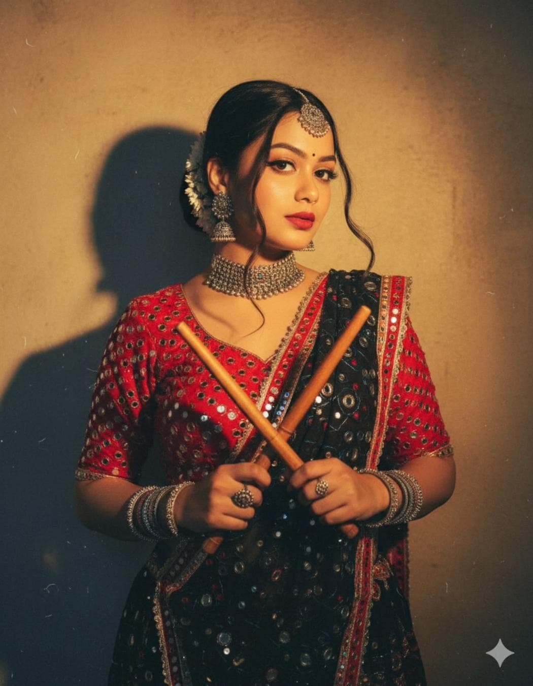 Create a retro vintage grainy but bright full body image of the reference picture but draped in traditional gujrati black and red chanya choli with red blouse colour dupatta with lots of mirror work Pinterest aesthetic retro .hairs are tiedly bun with gajra flower tucked visibly into her bun and two side bangs are blooming on wind and create romancing environment. She is wearing gujrati traditional silver oxidised jwellery and bangles on hands.The girl is standing against a solid wall deep shadows and contrast drama creating a mysterious and artistic night atmosphere where the lighting is warm with a golden hour glow. A highly realistic cinematic full-body portrait of a young Gujarati woman wearing a stunning dual-tone Garb outfit. The chaniya choli is designed in deep black and rich red, with intricate mirror work, traditional embroidery, and a flowing black dupatta lined with golden borders, in authentic Gujarati style. The leheng has detailed patterns and flares gracefully…