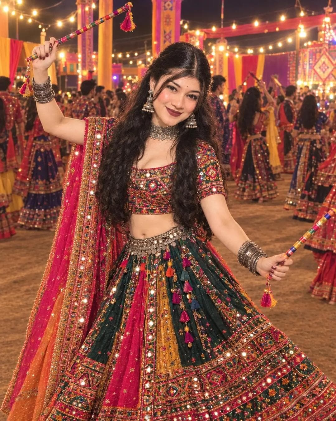 Create a realistic, high-quality Garba/Dandiya night portrait using the reference image. Keep the face and facial features exactly the same, with natural skin texture. Give her long, voluminous curly hair, elegant eye makeup with defined eyeliner, soft blush and glossy pink lipstick. Dress her in a vibrant traditional mirror-work Gujarati lehenga choli with a colorful embroidered dupatta, oxidized silver jhumkas, choker, bangles and waist belt. She is holding colorful decorated dandiya sticks in a graceful Garba pose. Set the scene at a beautifully…