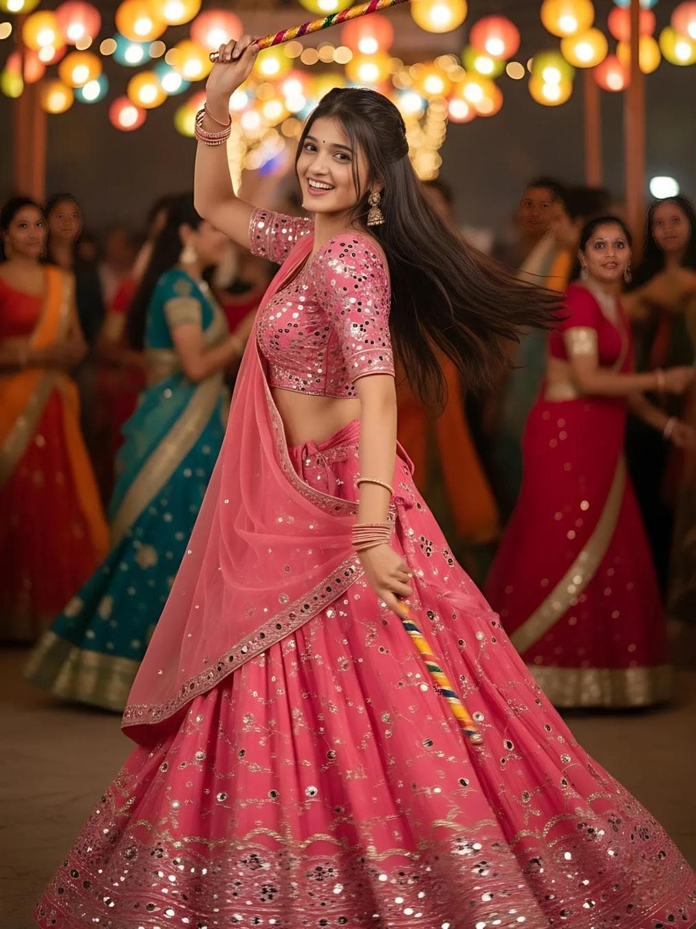 𝐩𝐫𝐨𝐦𝐩𝐭.. "A stunning 4K portrait of a radiant young woman dancing dandiya at a Navratri festival. Her pink ghagra choli with mirror work glitters under the festive lights. She twirls gracefully, hair flying, her joyful smile illuminated. She holds decorated dandiya sticks in…