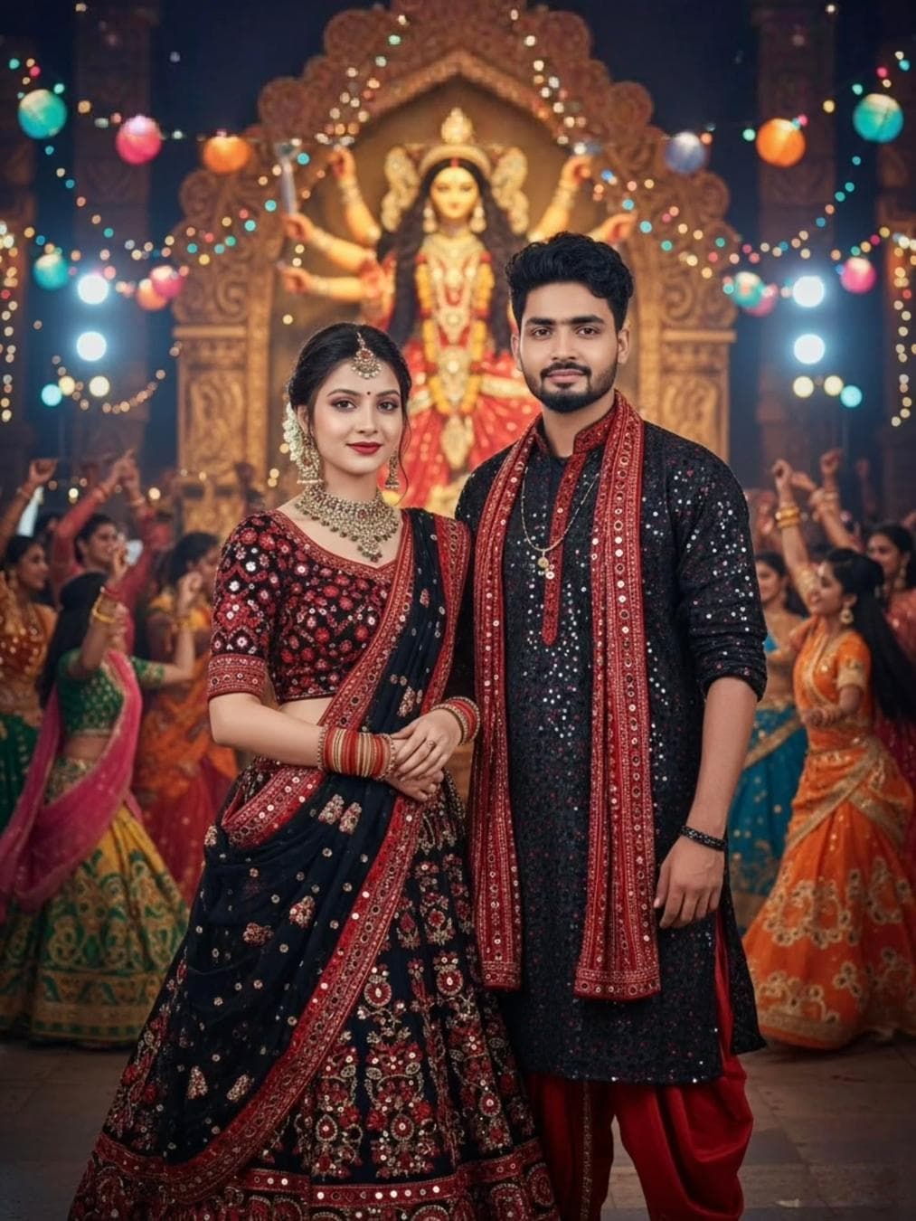 Ultra hyper-realistic 4k cinematic full-body portrait of an 20-year-old slim boy and girl same reference faces, wearing elegant black and red mirror-work Navratri outfits with jewelry details, standing side by side facing the camera with soft smiles. Behind them a grand…