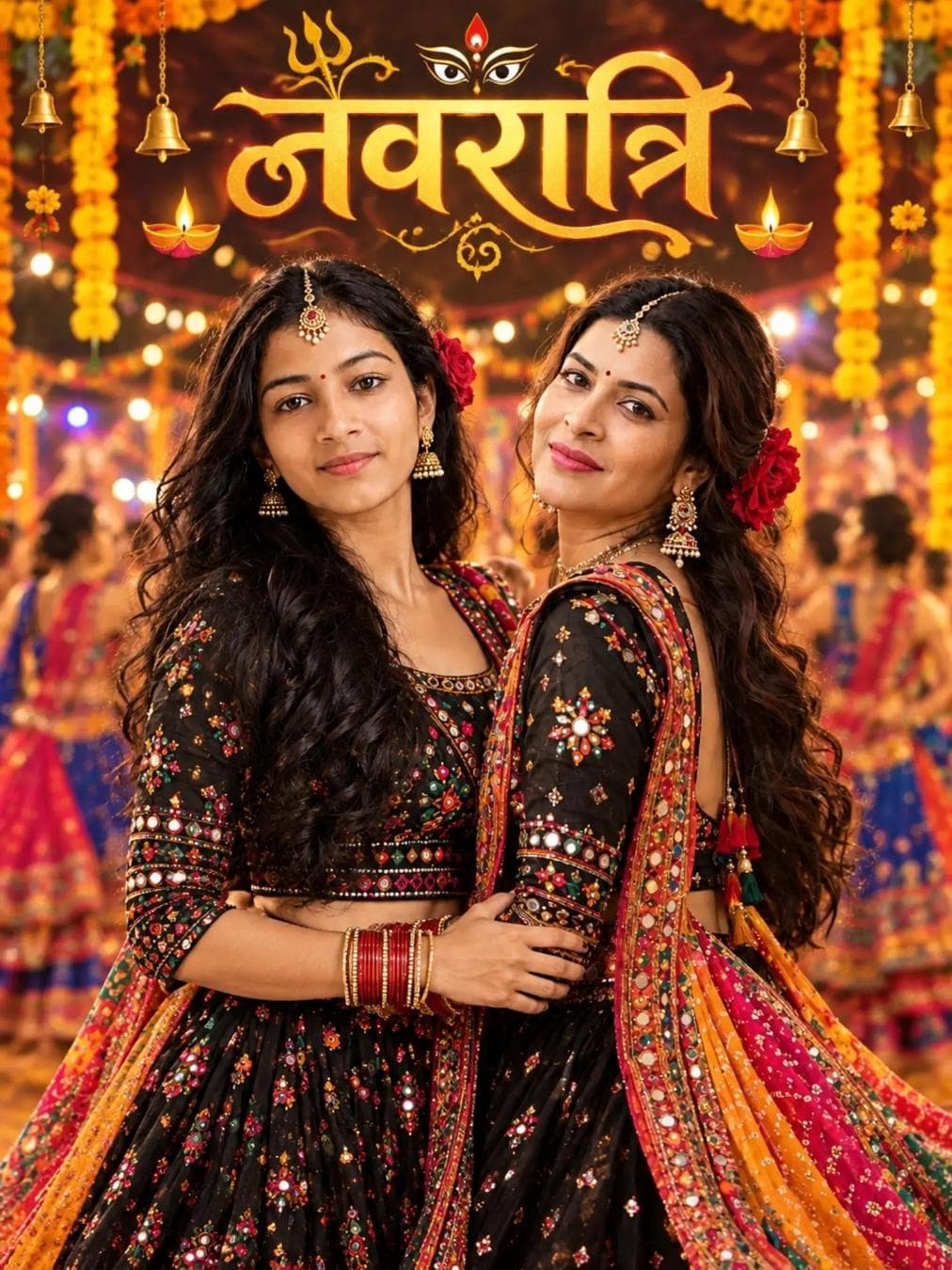 Create a realistic cinematic Navratri Garba photo using my face, naturally blended with the body. Beautiful soft smile, maang tikka, bindi, traditional jewelry, red-gold bangles, long wavy hair with a red flower. Wear a fully covered black embroidered mirror-work lehenga with colorful dupatta, body and neck proportions natural. Twirling Garba pose, colorful festival lights…