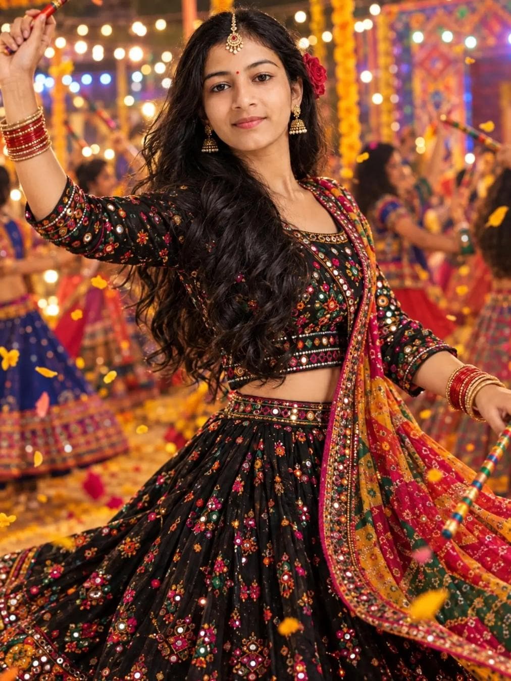 Create a realistic cinematic Navratri Garba photo using my face, naturally blended with the body. Beautiful soft smile, maang tikka, bindi, traditional jewelry, red-gold bangles, long wavy hair with a red flower. Wear a fully covered black embroidered mirror-work lehenga with colorful dupatta, body and neck proportions natural. Twirling Garba pose, colorful festival lights…