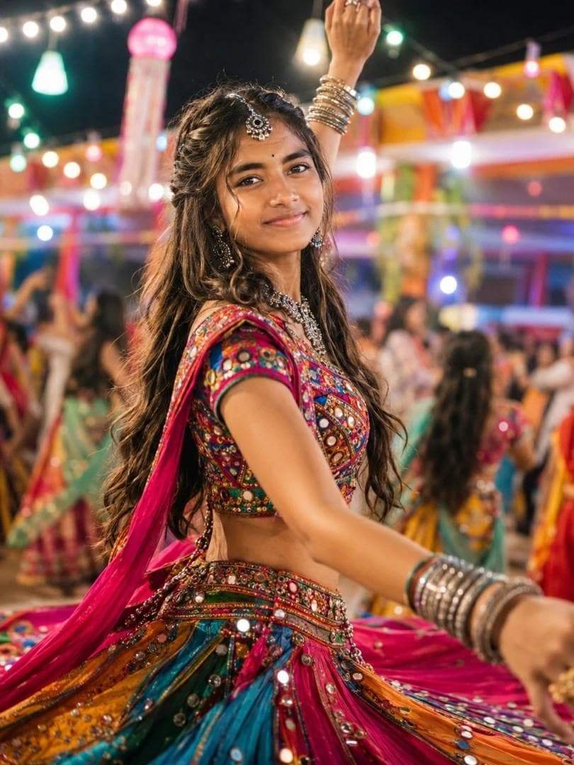 ~Create an Ultra-realistic beautiful Indian girl wearing a luxurious traditional Garba dress (Chaniya Choli),vibrant colors with intricate mirror work and embroidery,graceful pose while dancing Garba,expressive eyes,radiant smile, long highlighted curls with open hairs, different hairstyle not same of the image and elegant oxidized silver…