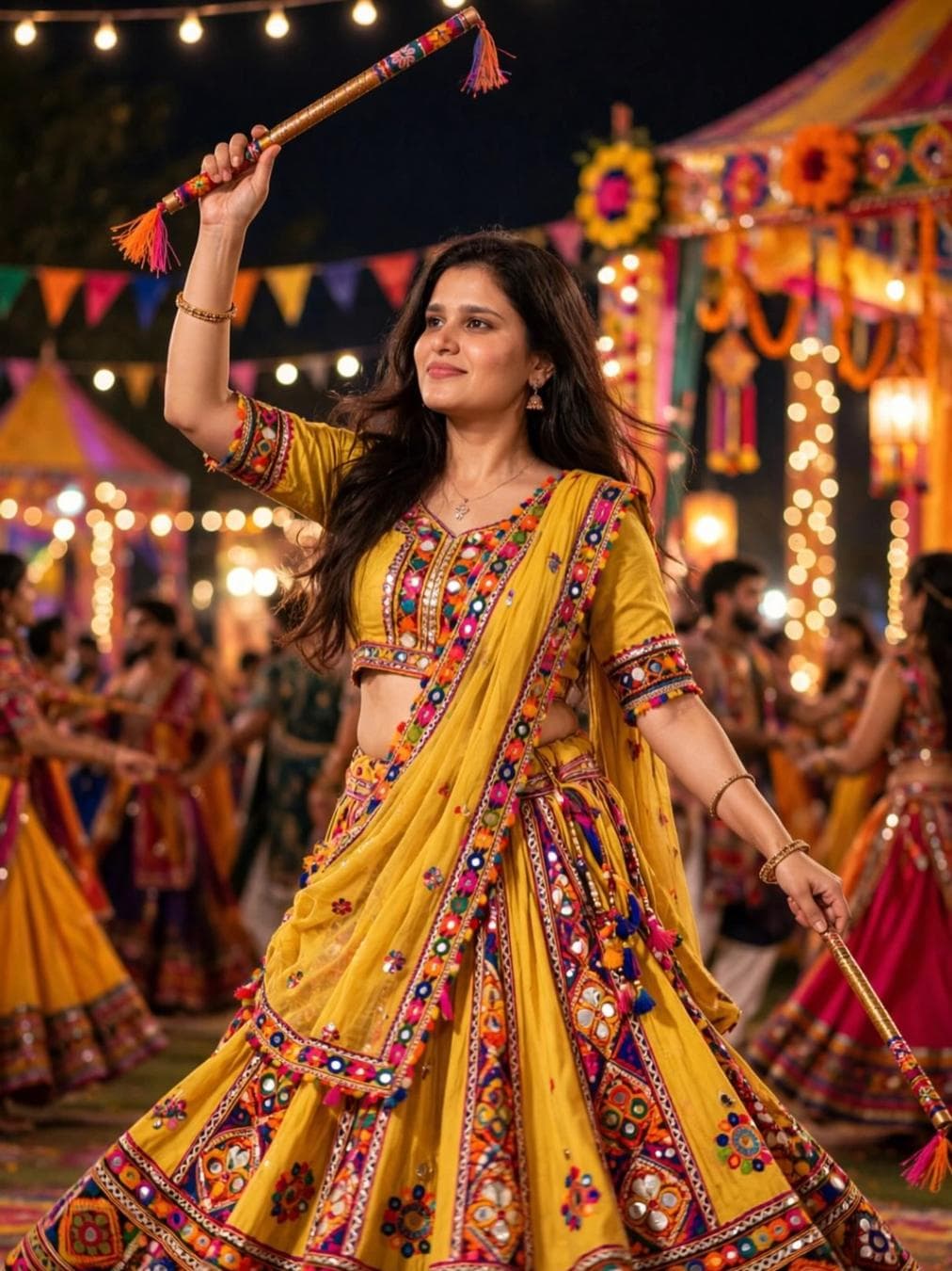 Create an ultra-realistic cinematic Navratri portrait using the reference image as the exact visual reference. Preserve the womans exact facial features, face shape, skin tone, eyes, nose, lips, hairstyle and identity without any changes. She is dressed in an elegant colorful traditional Navratri outfit with beautiful mirror-work details and subtle jewelry. She is holding two decorated Dandiya sticks, standing in a graceful Dandiya dance pose, one hand raised and the other extended naturally, with a soft confident smile. Vibrant Navratri Garba night…