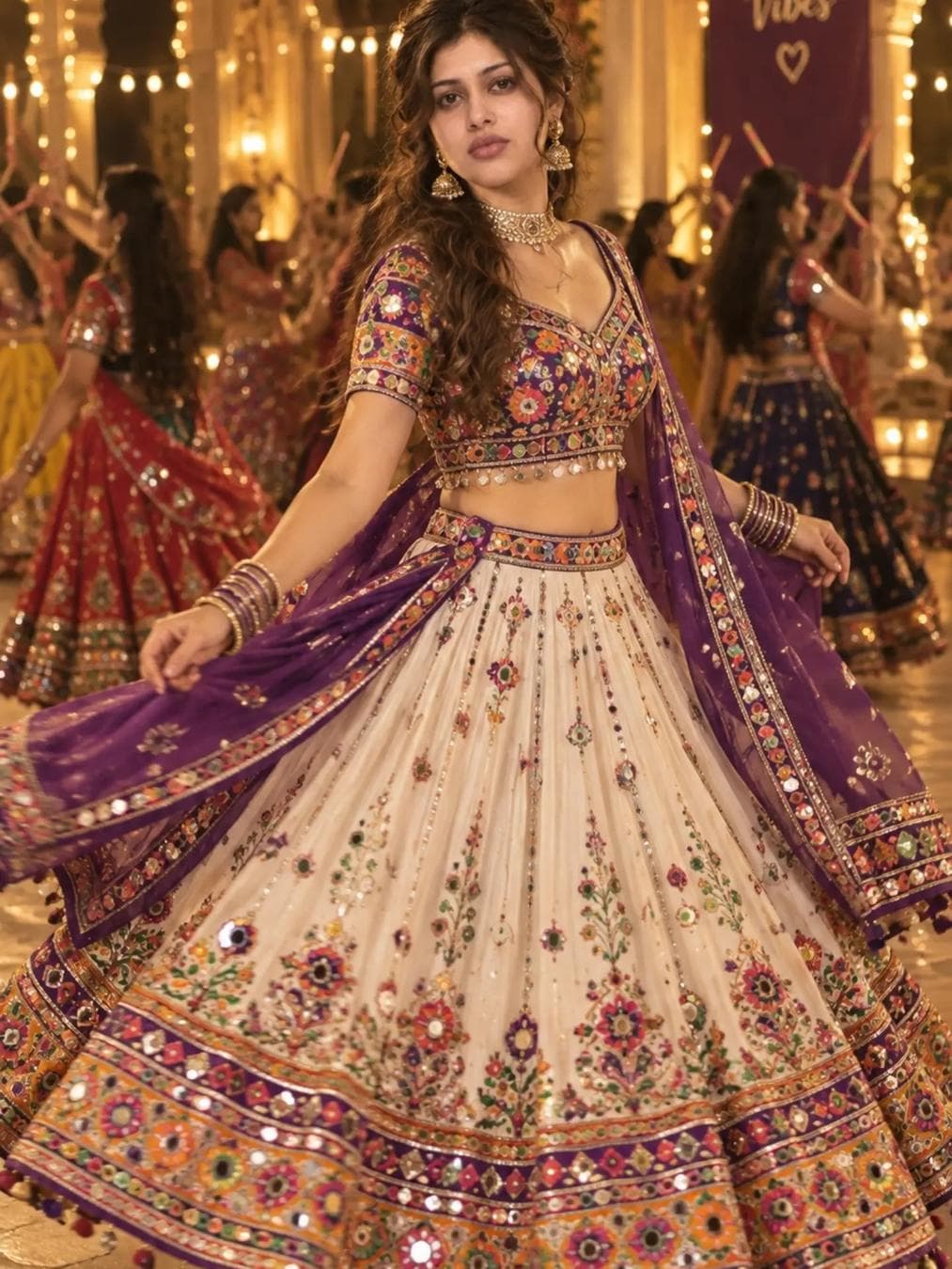 Ultra-realistic Navratri Garba portrait, colorful floral mirror-work chaniya choli with white embroidered flare, matching purple dupatta, gold jhumkas, choker and bangles, long wavy dark hair, graceful twirling pose, warm festive palace background with fairy lights and Garba dancers, RAW DSLR…