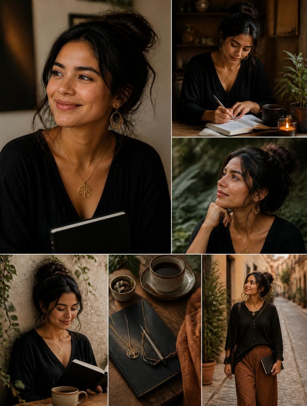 mujer latinoamericana de ~27 años, cabello oscuro recogidoen moño suelto, piel morena cálida, facciones suaves. Llevasiempre: collar dorado con medallón (árbol), aretes dorados grandesy libreta negra. Expresiones: sonrisa…